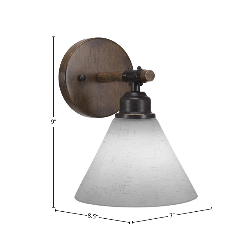 Applique murale Blacksmith présentée en métal aspect bois peint et finition granite foncé avec verre mousseline blanc de 7 po