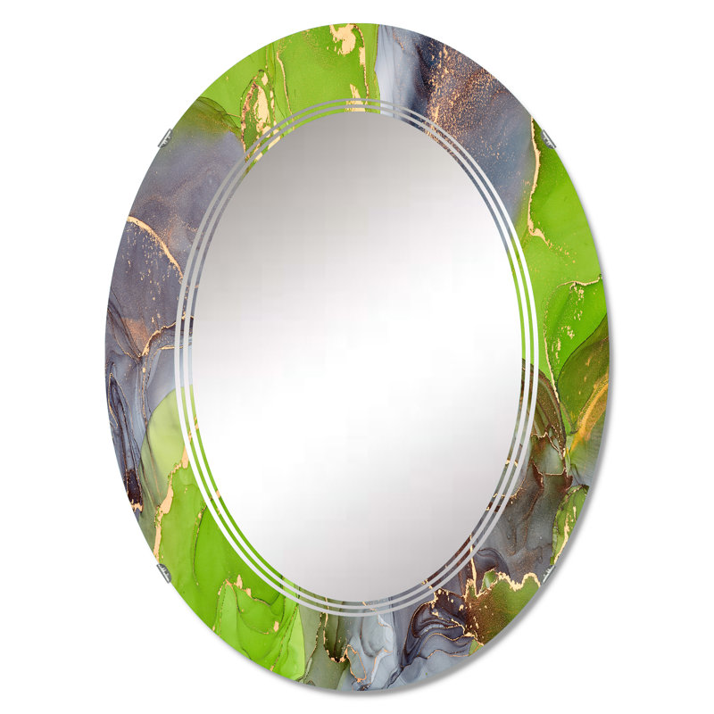 Vert et mauve luxueux abstrait Art fluide II - Miroir mural moderne ovale, 36 po x 24 po