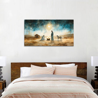 Large Nativity Scene Canvas Wall Art - O Holy Night Pictures Wall Decor, Religious Nativity Art Prints for Living Room, Christmas Nativity Painting Artwork for Home Wall Decor, Wrapped Canvas Print, 24×48 inches