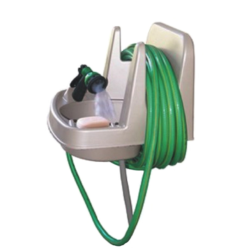 Beige Wall-Mounted Outdoor Garden Sink with Hose Reel
