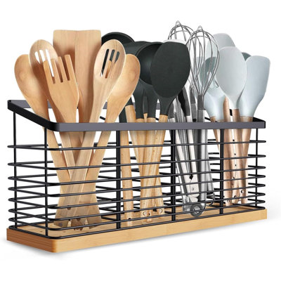 Porte-ustensiles de cuisine extra large, 4 compartiments, en métal noir avec base en bois