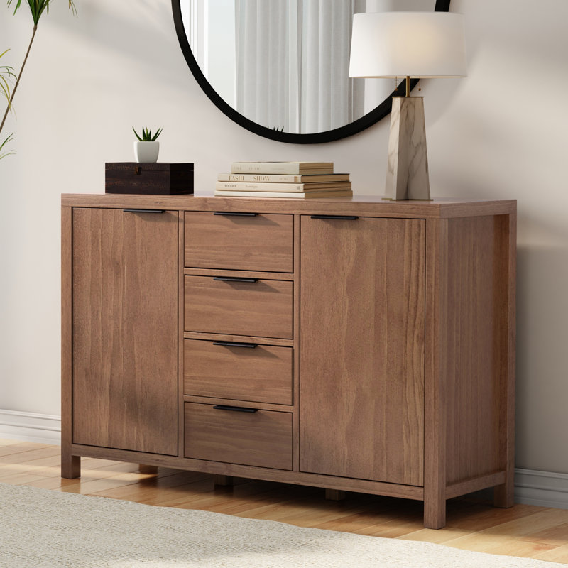 Buffet contemporain en bois massif à 3 portes avec tablettes réglables et poignées en métal Hollander, Brun clair