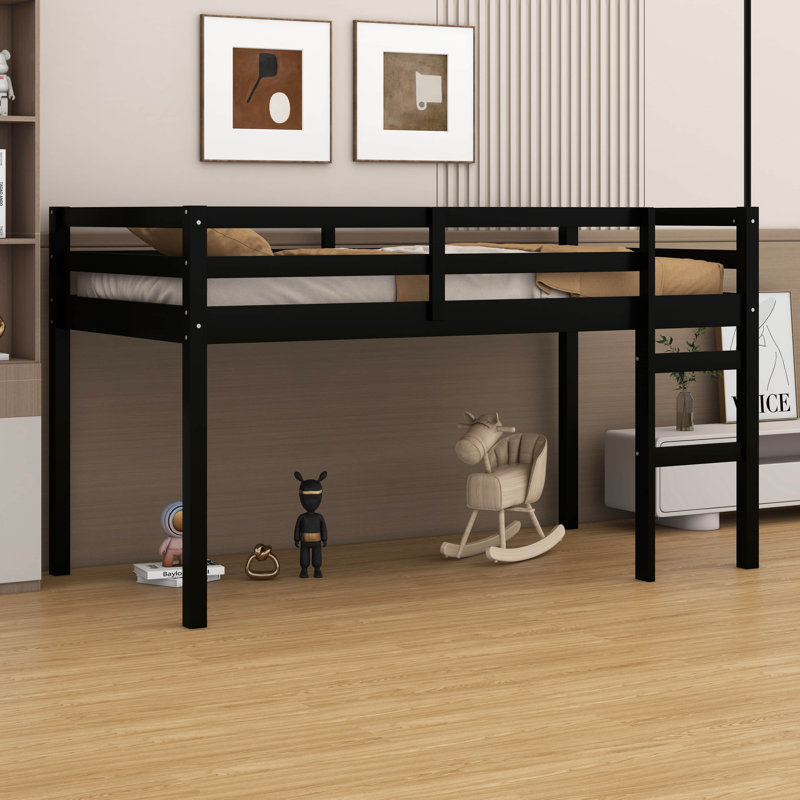 Twin Size Solid Rubber Wood Loft Bed – Ladder & Strengthened Slat Bed Platform, Black