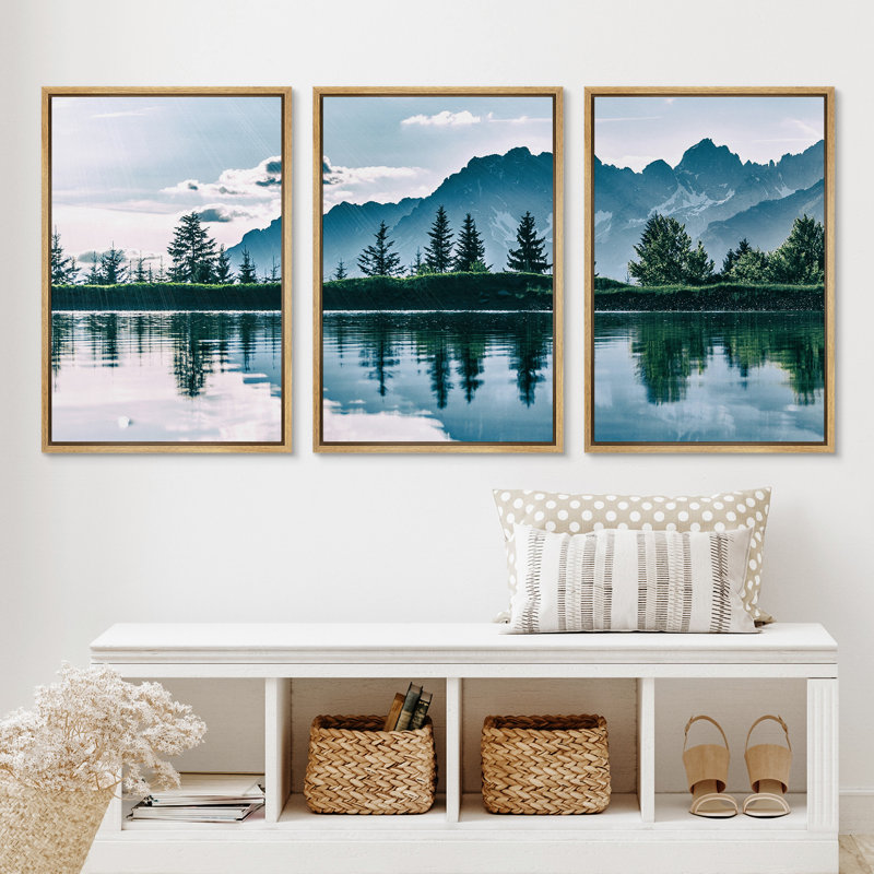 «Noway Natural Landscape Green Mountain Lake Forest Reflection», impression sur toile 3 pièces, H 36 po x l 72 po, Brun
