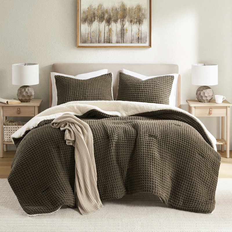 Édredon brun très grand avec chenille tricotée gaufrée et 2 taies décoratives assorties - rembourrage 100%, lavable à la machine, taille au dos, brun, taies décoratives, textile douillet