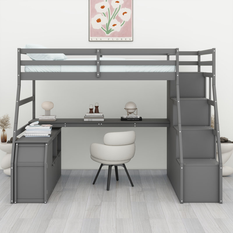 Lit mezzanine avec tiroirs, tablettes et bureau, Gris