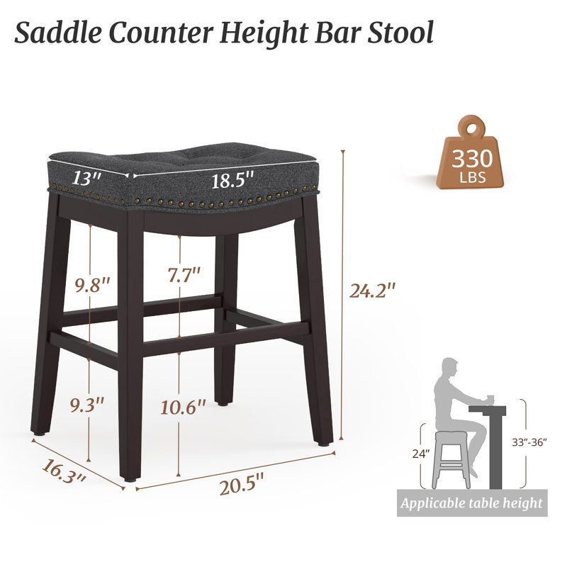 Bar Stools, 24 Inch Fabric Counter Height Bar Stools, Saddle Barstools For Kitchen Island With Nailhead Trim Tufted Button, Set Of 3