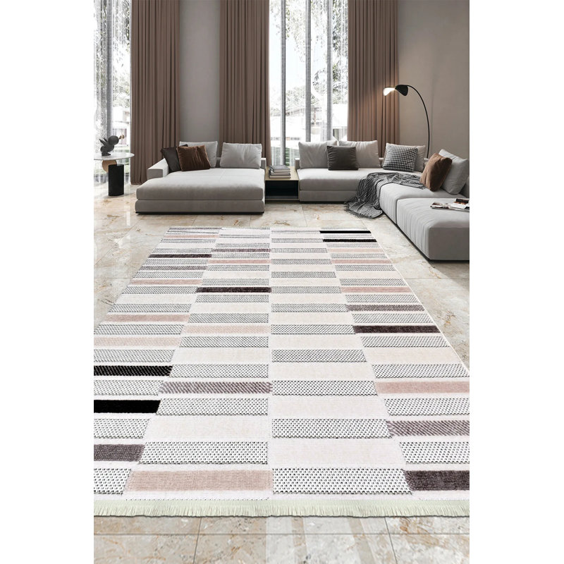 Tapis crème moderne en polyester Eberhart résistant aux taches et facile à nettoyer, 5 pi x 10 po
