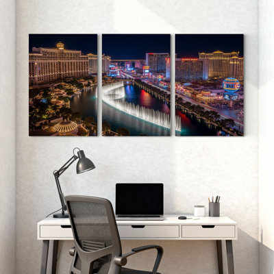 Ensemble de 3 impressions sur toile, villes et pays, Las Vegas Night Skyline Fountains Lights