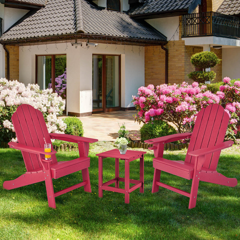 Patio Adirondack Chair Weather Resistant Garden Deck With Cup Holder, Red