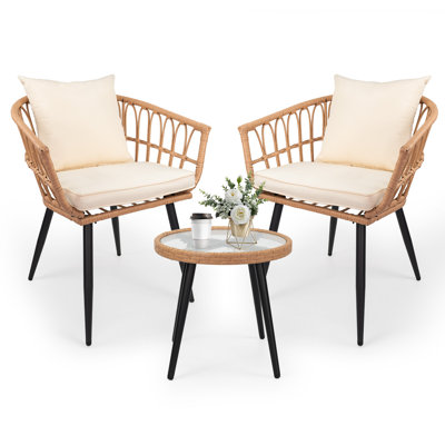 3-Piece Outdoor Patio Conversation Set with Cushions, Glass Top Side Table, and Powder-Coated Steel Frame, All-Weather Rattan, Ideal for Balcony & Backyard
