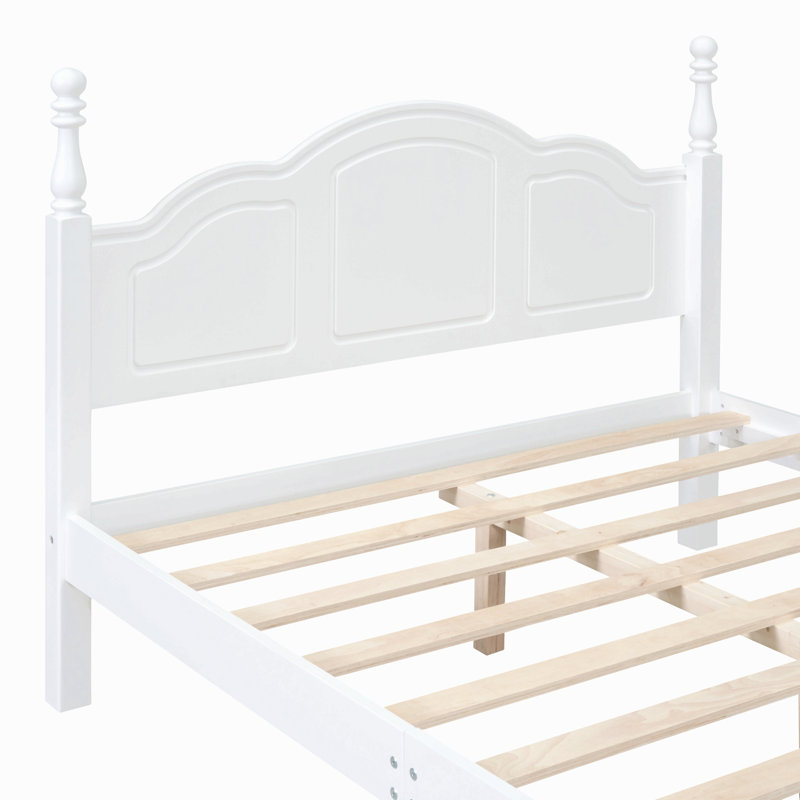 Structure de lit plateforme en bois, lit plateforme de style rétro avec support en lattes de bois, Blanc, Double