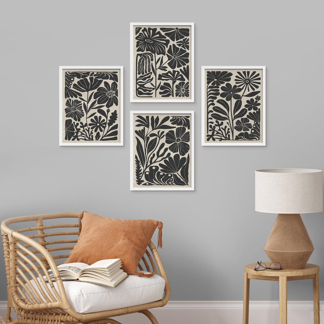 " Modern Botanical Silhouette Black And White Floral " 4 - Pieces SIGNLEADER Frame 