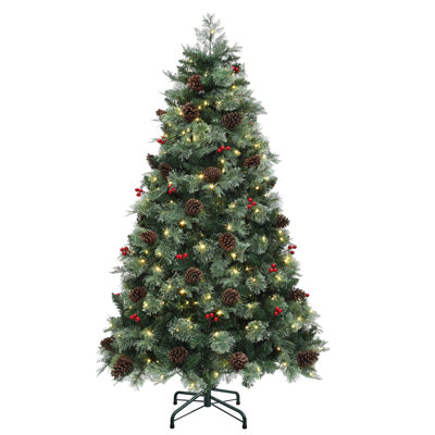 Arbre de Noël artificiel vert pré-éclairé avec pommes de pin et baies