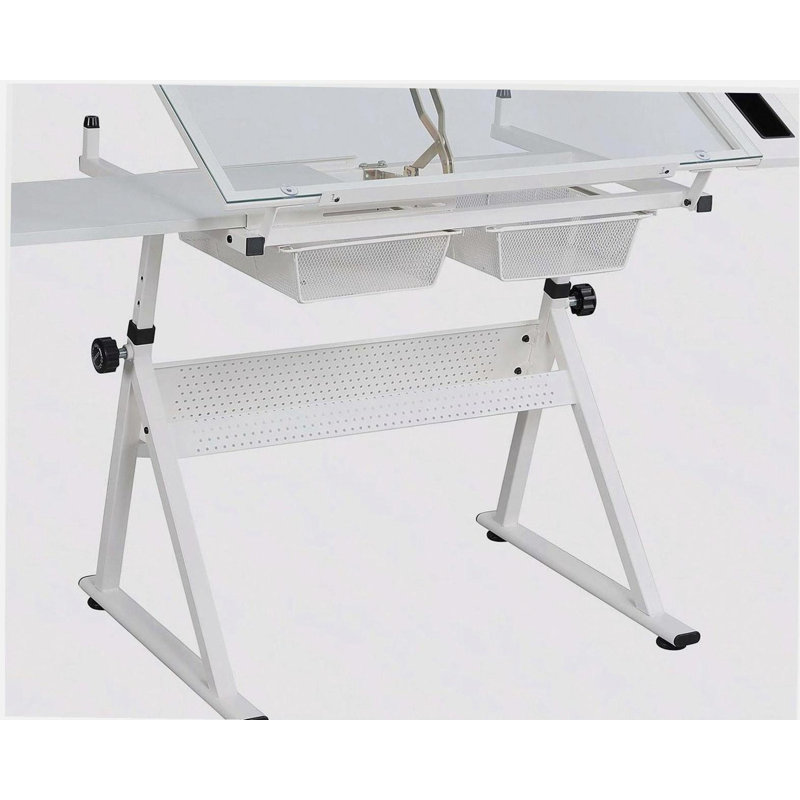 adjustable tempered glass drafting printing table with chair, White