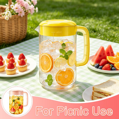 2 Pack 1 Gallon Plastic Straining Pitcher with Lid - Large Water Pitcher with Handle and Measurements for Cold Drinks and Iced Tea - Pink, Yellow
