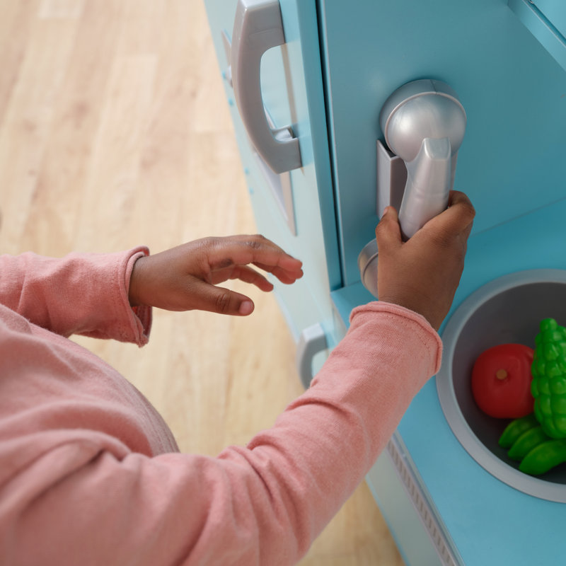Cuisine de jeu rétro en bois avec machine à glaçons et téléphone pour jouer, Bleu