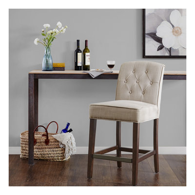 Tabouret de bar capitonné avec plinthe en bronze - Revêtement en polyester beige et finition bois expresso