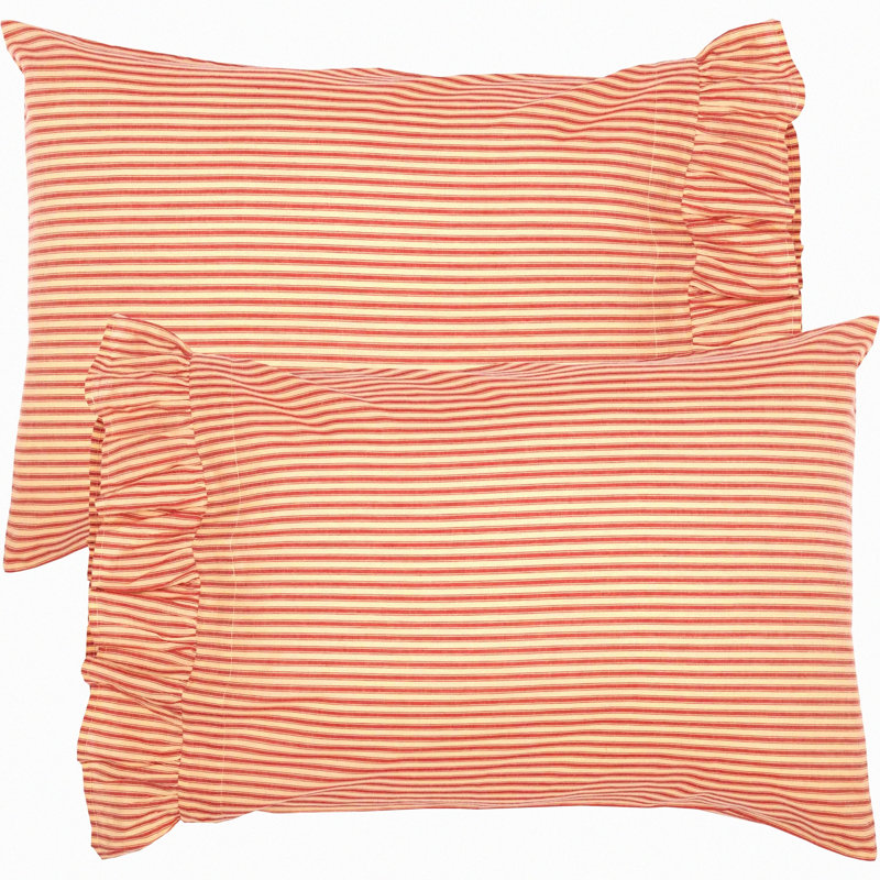 Farmhouse Stripe Cotton Pillowcase Set - Red Country Standard Bedding Accessory, Sawyer Mill Ticking, 21x30 Dimensions