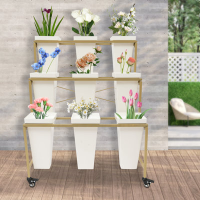 Sreeja 3 Layers Metal Flower Display Stand with Wheels &9PCS Buckets