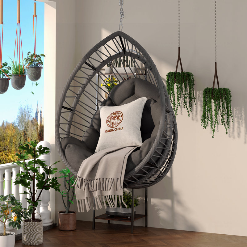 Chaise de jardin d'extérieur suspendue, fauteuil pivotant en rotin PE, gris, Gris, Noir