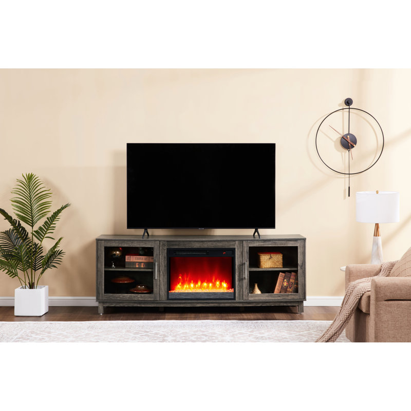 Grey Walnut Finish 70"w Tv Stand With Fireplace And Heater, 11 Temperature Variations, 7 Flame Colour Choices, Timer, Cabinets Shelf Led, 15.14 In Depth, 24.7 Height, 114.27 Lb Settings, Options,