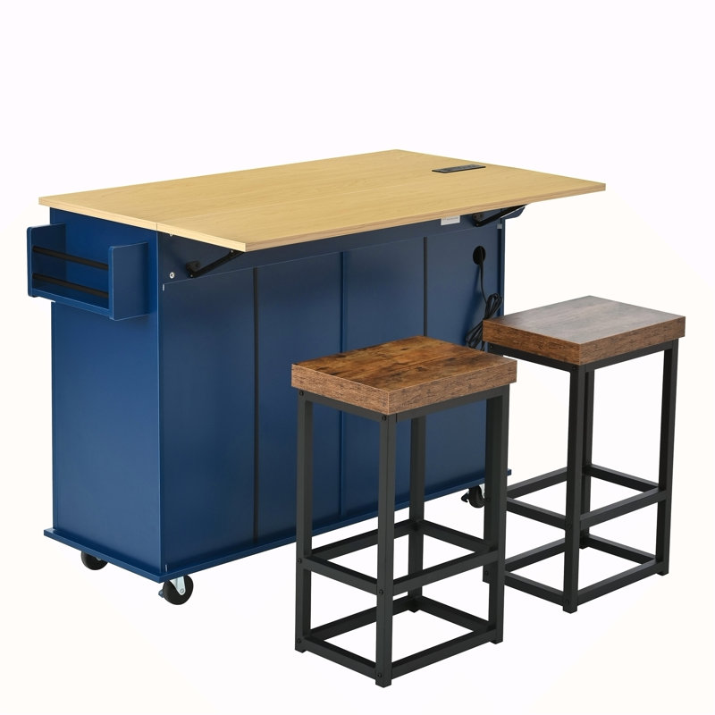 Farmhouse Kitchen Island With Drop Leaf And 2 Seatings, Kitchen Table Set With Storage Cabinet, Drawers, Door Shelves And Power Outlet