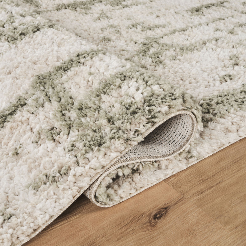 Moss Ivory & Green Abstract Shag Modern Rug, 6'4" x 9'4", Ivory/Green