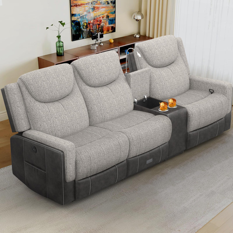 Canapé inclinable moderne 3 places avec porte-gobelets, ports USB et lampe pour le salon