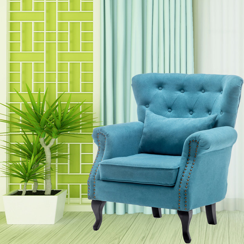 Fauteuil à oreilles touffeté, Mélange de lin bleu