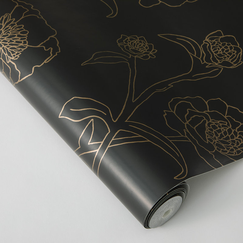 Papier peint adhésif pivoines, L 16,5 po x l 20,5 po, Noir et or