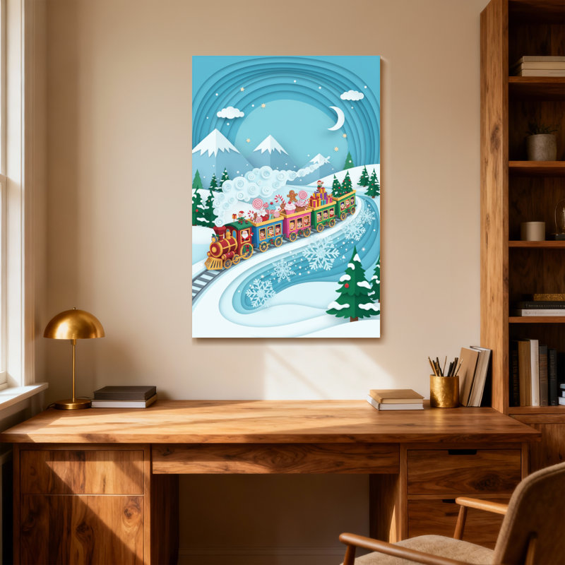 Noël train de Noël paysage d'hiver montagnes enneigées, H 24 po x l 16 po