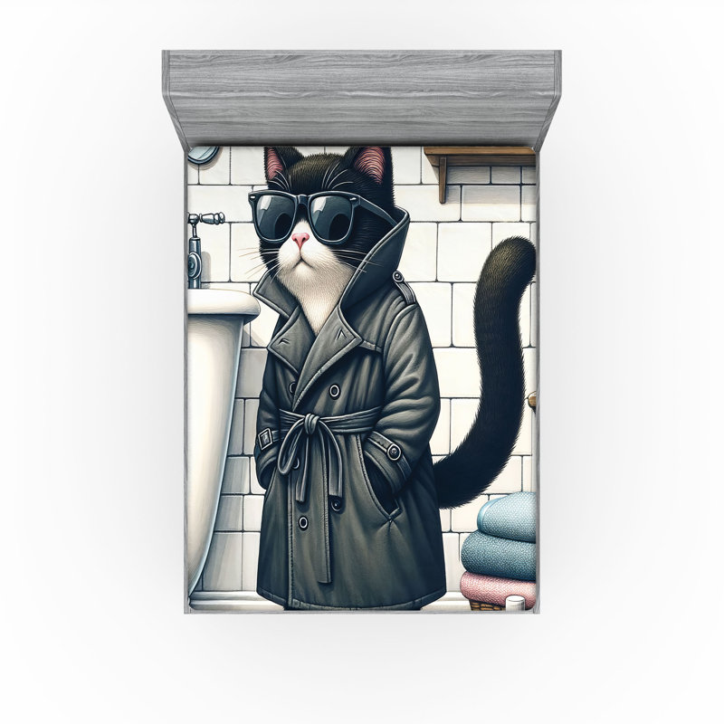 Drap-housse pour chat Ambesonne_ Baignoire mystérieuse détective_ Gris anthracite / blanc, Grand