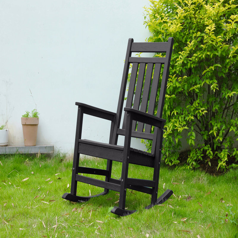 Outdoor Rocking Chair, With Wood-Texture, Black