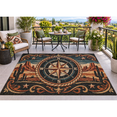 5' x 7' Outdoor Area Rug Western Compass Desert Heavyweight Solid Waterproof PVC Coil Loop Carpet, Heavy Duty Patio Rug, Quick Dry Indoor Outdoor Mat for Porch Deck Balcony Entryway RV Camping