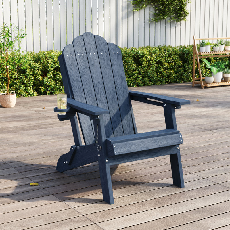 Ergonomic Folding Adirondack Chair with Cup Holder, All-Weather Patio Adirondack Chair for Outdoor, Easy Assembly, Navy