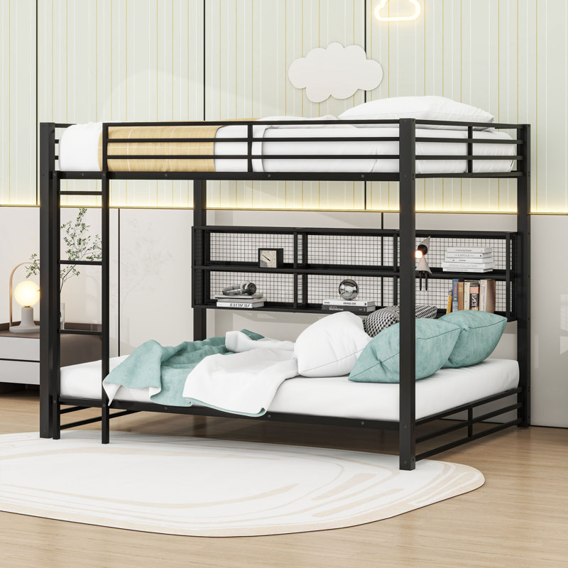 Queen Over Queen Metal Bunk Bed With LED Lighting And Storage Shelves