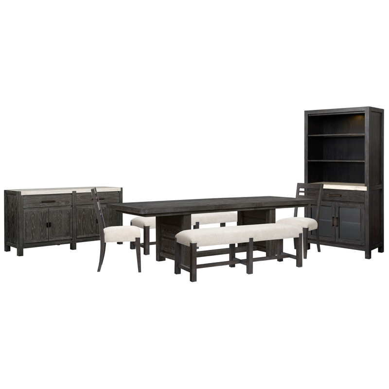 Rectangular Dining Table With 2 Benches 2 Side Chairs Sideboard And Display Cabinet