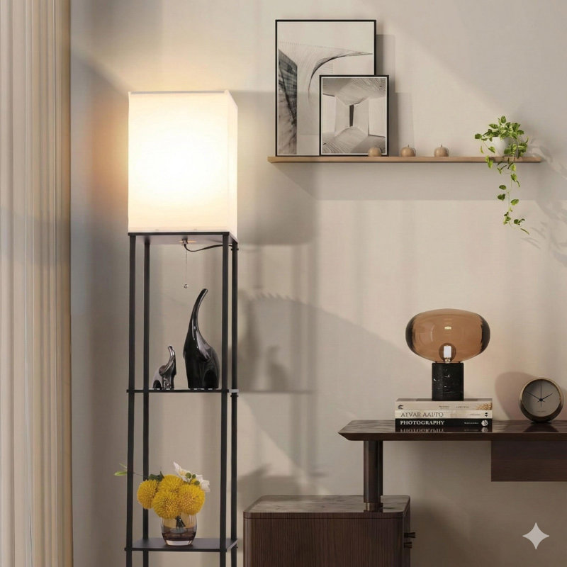 Floor Lamp With Shelves, Modern Square Standing Lamp With 3 Color Temperature Bulb, Corner Display Bookshelf Lamp For Living Room, Bedroom And Office (Black)