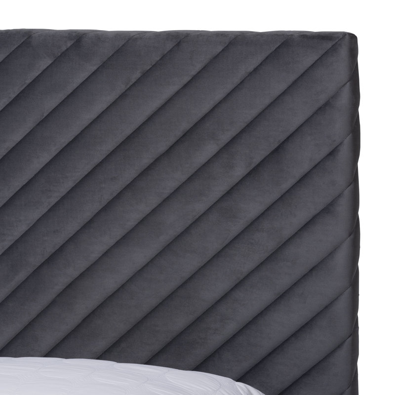 Gray Velvet Upholstered Queen Bed with Chevron Tufted Headboard