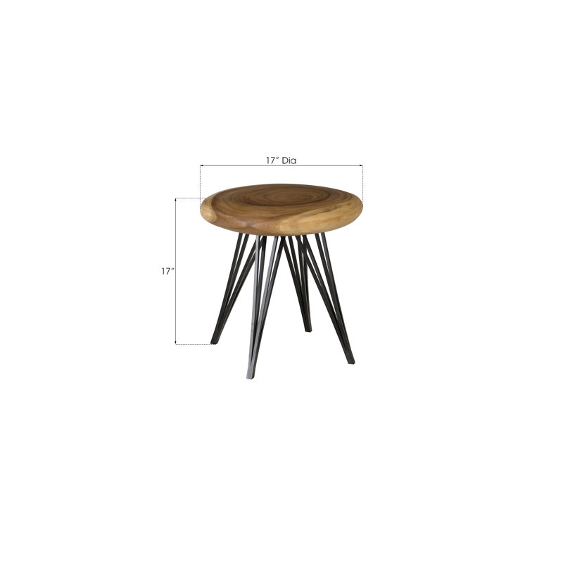 Contemporary Chamcha Wood Round Accent Stool with Black Metal Legs
