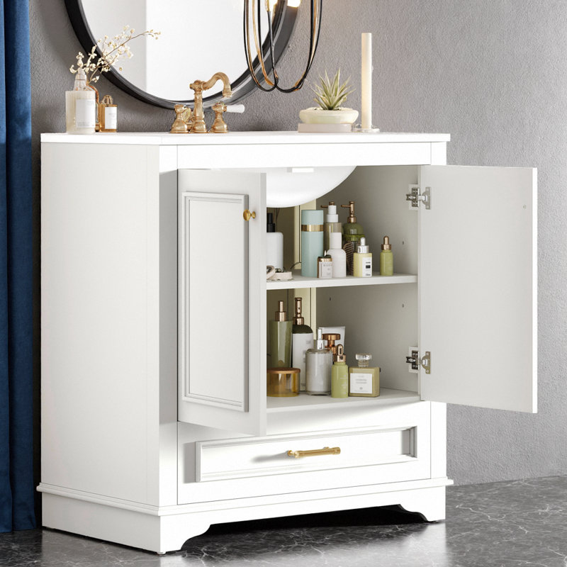 Meuble-lavabo de 30 po d'inspiration française avec lavabo en céramique | Structure en bois massif, 2 portes à fermeture en douceur avec tablette et tiroir réglables, rayures sculptées pour un charme rétro