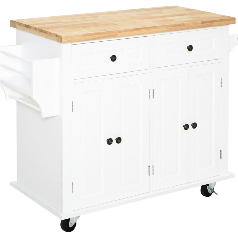 White Kitchen Island Cart With Locking , Storage Cabinets, And Worktop - Stable Furniture Cart, White, Robust Rubberwood Surface, Spice Rack, Towel Rack Ample Drawer Capacity For Organization