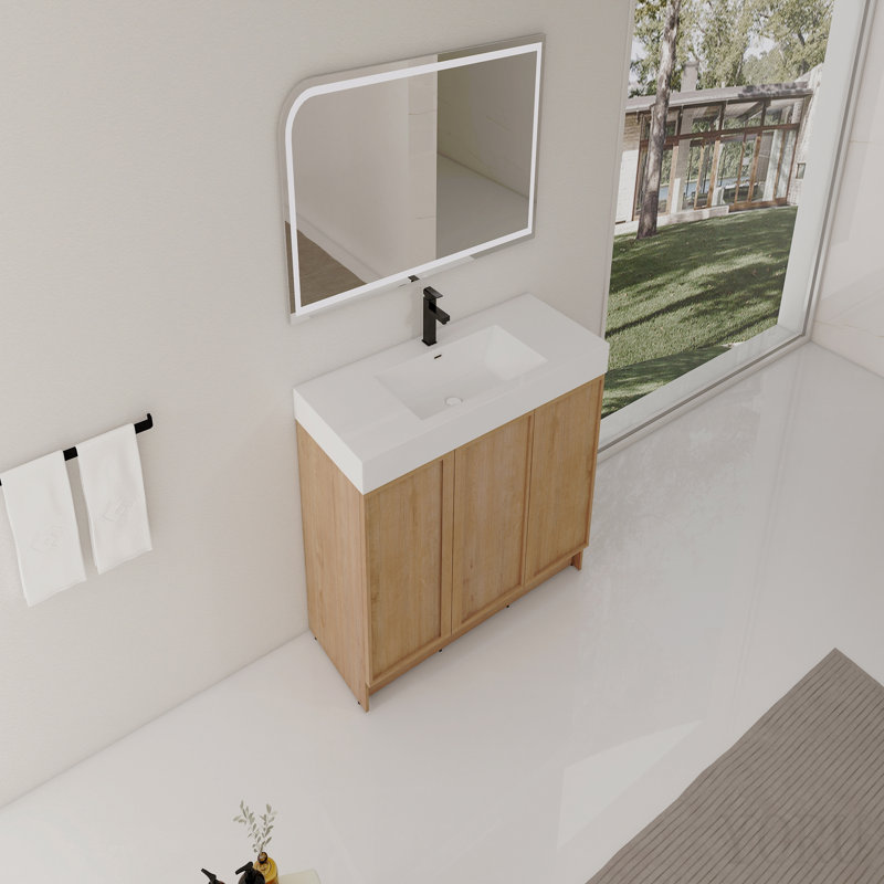 Meuble-lavabo autoportant de 122 cm (120 cm) avec lavabo en résine et 3 portes d'armoire à fermeture amortie, en contreplaqué imitation chêne.