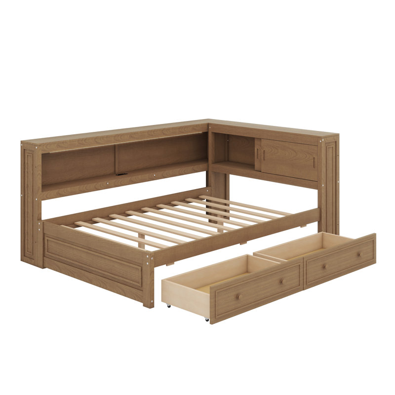 Lit de jour multifonctionnel avec tablettes de rangement intégrées, ports de chargement USB intégrés, éclairage à DEL et tiroirs pratiques