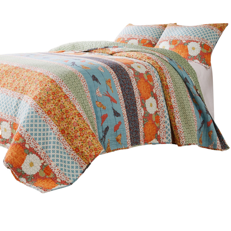 King Size Blue and Orange Microfiber Reversible Quilt Set