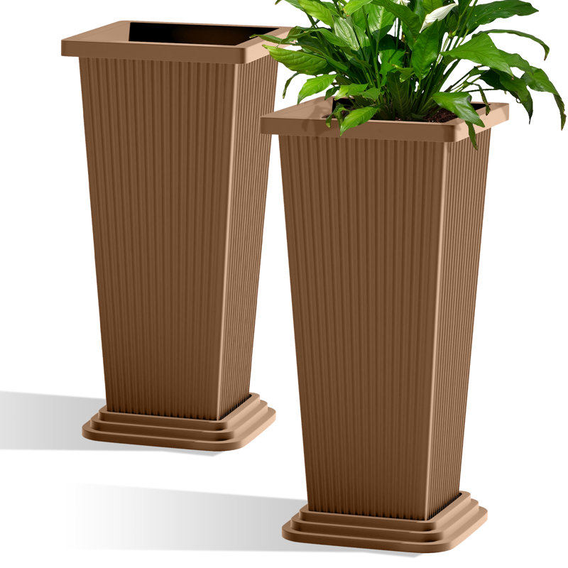 Set of 2 Large Tall Planter for Indoor or Outdoor - 24 inch Planter with Tray for Porch, Tall Outdoor Planter for Patio, Backyard, Large Planters for Outdoor Indoor Plants