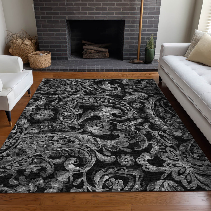 Premium Machine Washable Prisco Black Rug, Rectangle 3' x 5'