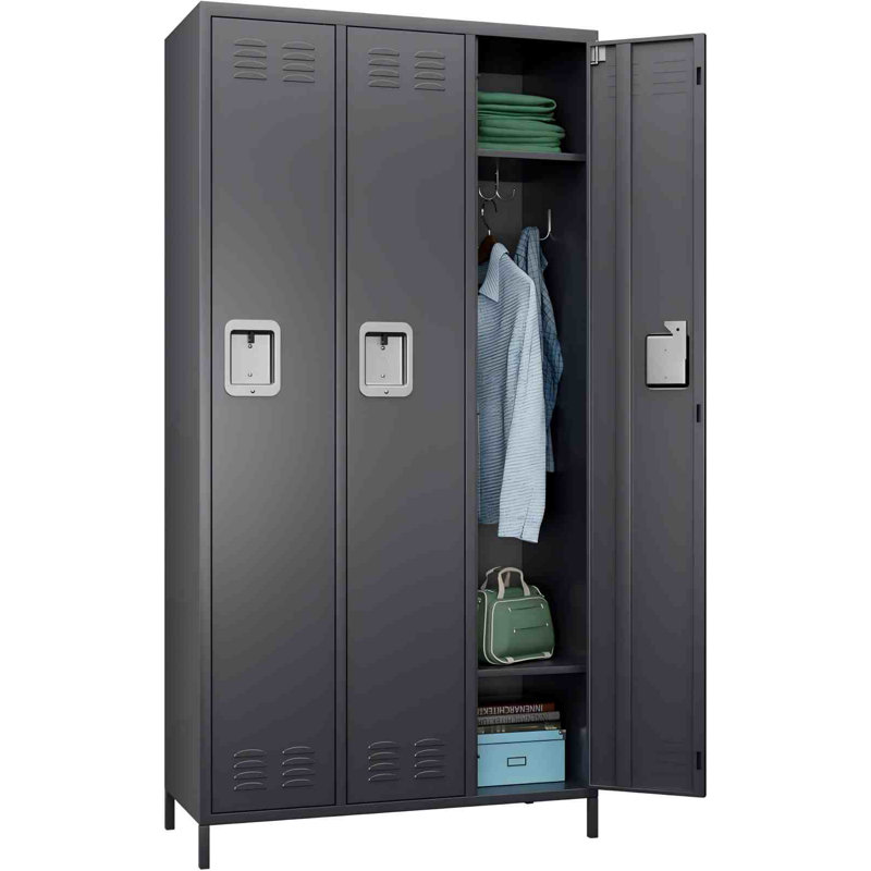 Casier en métal pour employés avec 3 portes, casier en métal avec 9 crochets pour la salle de gym de garage, assemblage requis, gris foncé