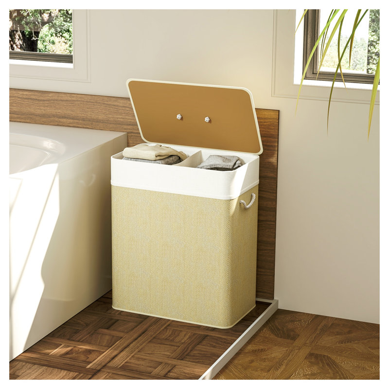 HOMCOM Double Laundry Basket with Lid, Bamboo Hamper with Removable Liners and Rope Handles, Natural